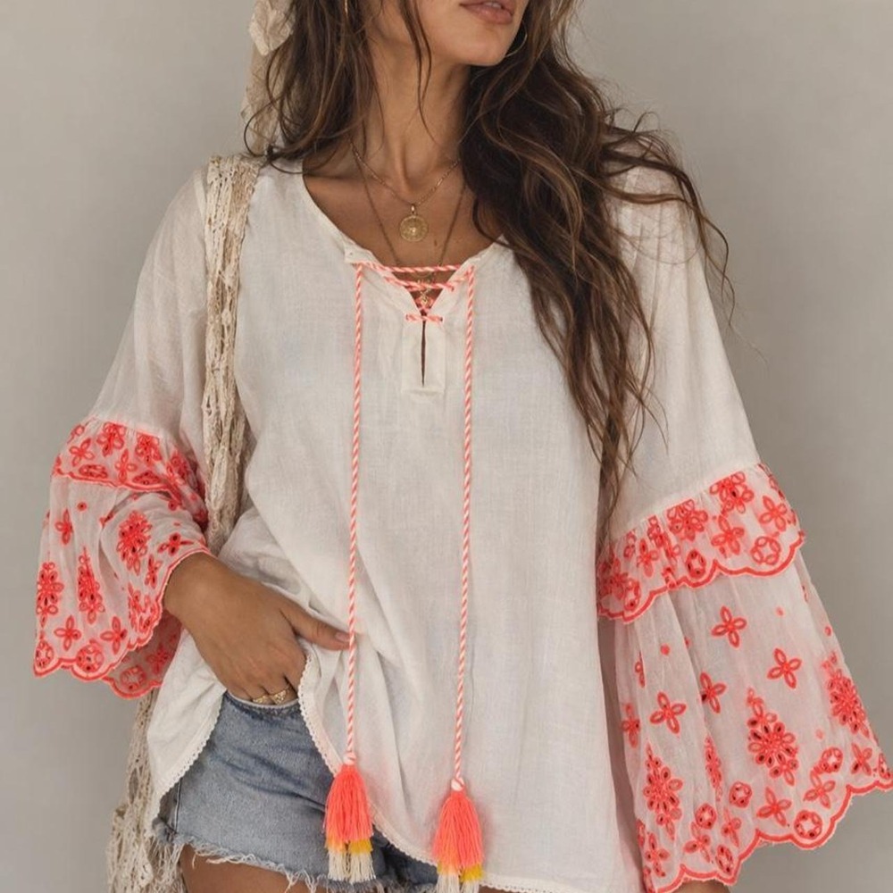 Tunic Top Cotton Coral Whimsigoth Embroidered Bell Sleeve Boho Festival Large